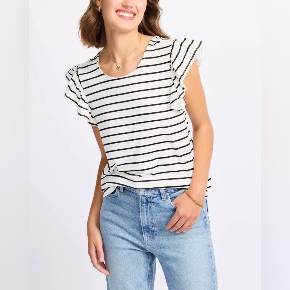Bobeau Nordstrom Tie Back Black and White Striped Short Ruffle Sleeve Top - Picture 4 of 8